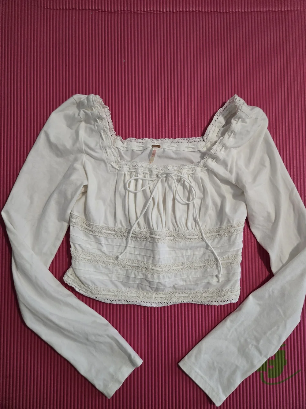 Free People Cropped White Lace-Trim Long Sleeve Square Neck Top
